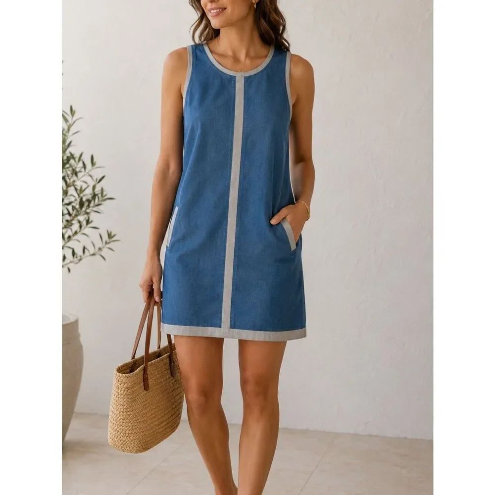 AB NAHLIK Linen Blue Sleeveless Round Neck Contrast Trim Shift Mini Dress Size S